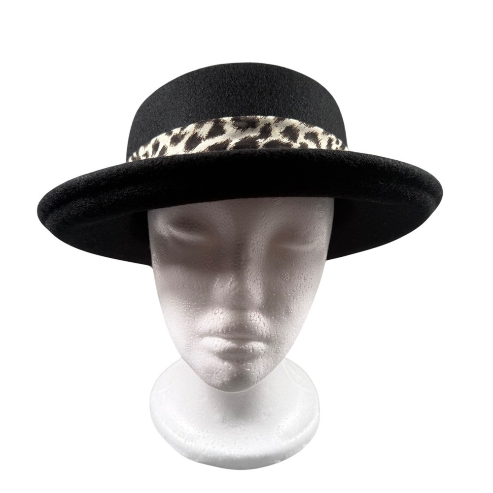Arlin Black Wool Hat Leopard Print Scarf Band Bowler Fedora‎ Style Womens